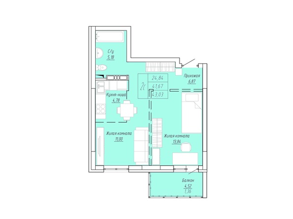 Планировка 2-комн 37,48 - 43,2 м²