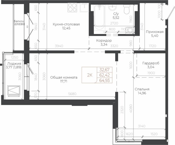 Планировка 2-комн 64,93 м²
