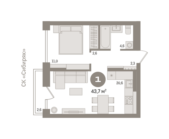 Планировка 1-комн 43,67 м²