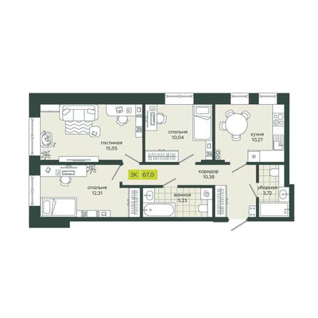 Планировка 3-комн 67 м²
