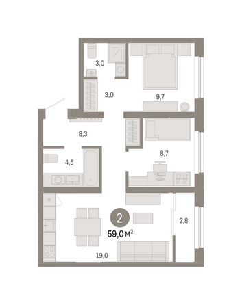 Планировка 2-комн 59,03 м²