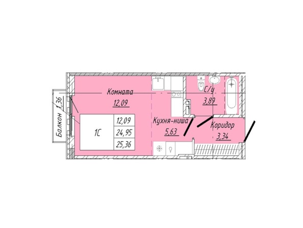 Планировка 1-комн 25,34, 25,36 м²