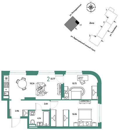 Планировка 2-комн 55,77 - 56,42 м²