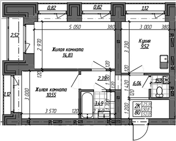 Планировка 2-комн 50,8, 50,85 м²