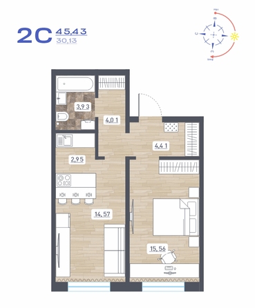 Планировка 2-комн 45,43 м²