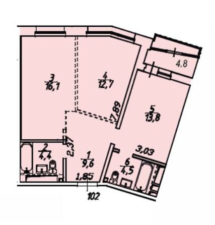 Планировка 2-комн 64,1 - 65,9 м²