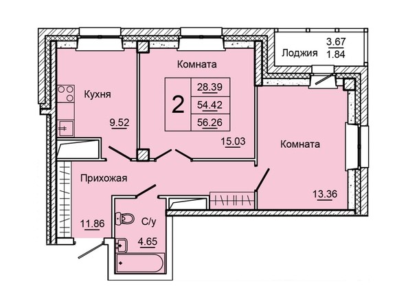 Планировка двухкомнатной квартиры 56,26 кв.м