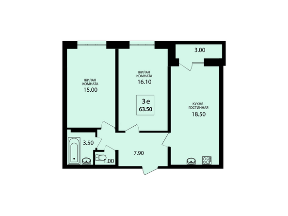 Планировка трехкомнатной квартиры 63,5 кв.м