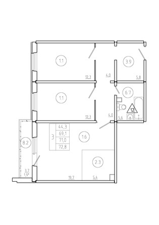 Планировка 3-комн 71 м²