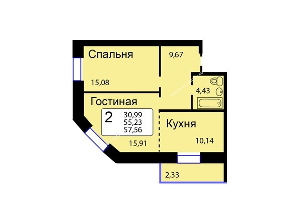 Б/С - 12. Планировка двухкомнатной квартиры 57,56 кв.м. Этажи 1-9.