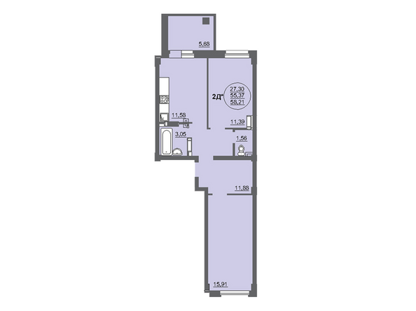 Планировка 2-комнатной квартиры 58,21