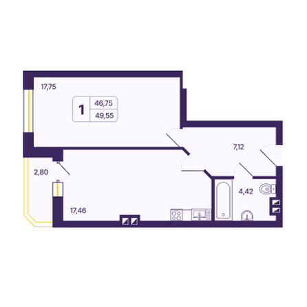 Планировка 1-комн 48 - 49,73 м²