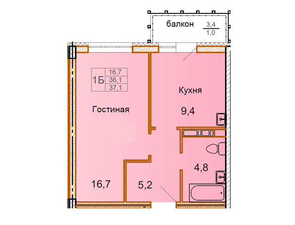 Планировка 1-комн 37,1 м²