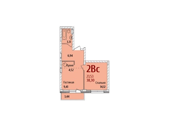 Планировка 2-комнатной квартиры 38,3 кв.м