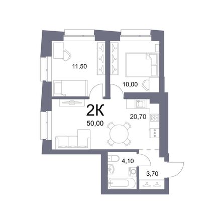 Планировка 2-комн 50 м²