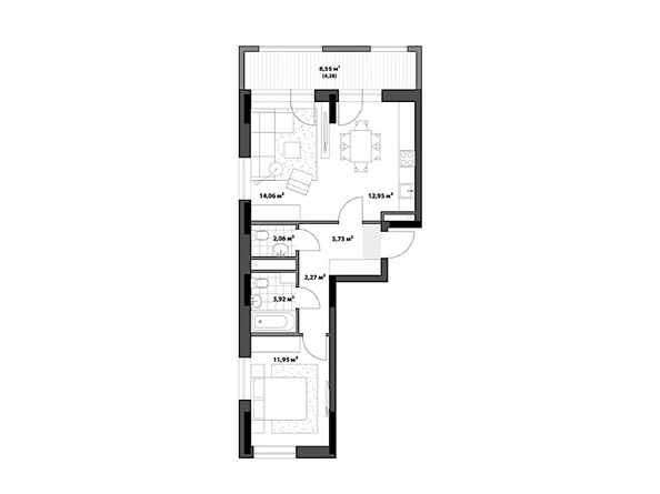 Планировка 1-комн 57,22 м²