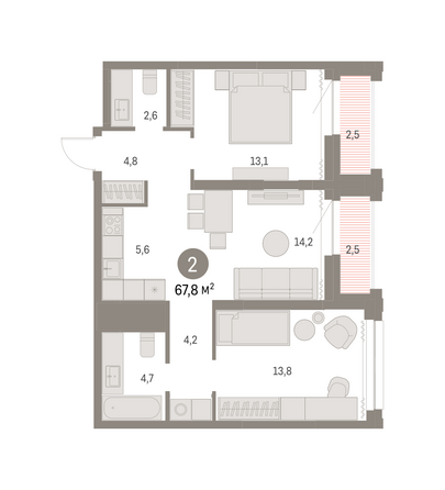 Планировка 2-комн 67,06 - 67,68 м²