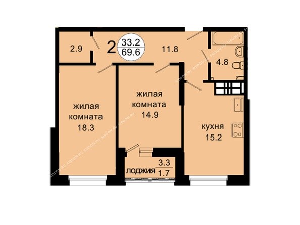 Планировка двухкомнатной квартиры 69,6 кв.м