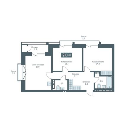 Планировка 2-комн 68,2, 68,3 м²