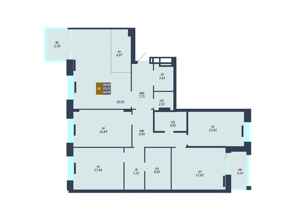 Планировка 5-комнатной квартиры 151,51-153,16