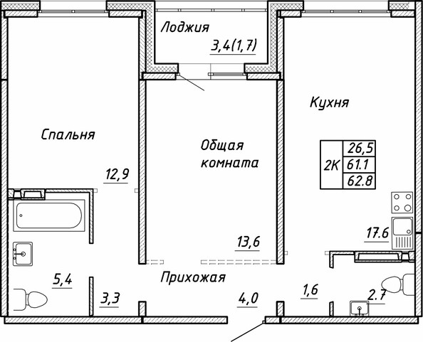 Планировка 2-комн 62,8 м²