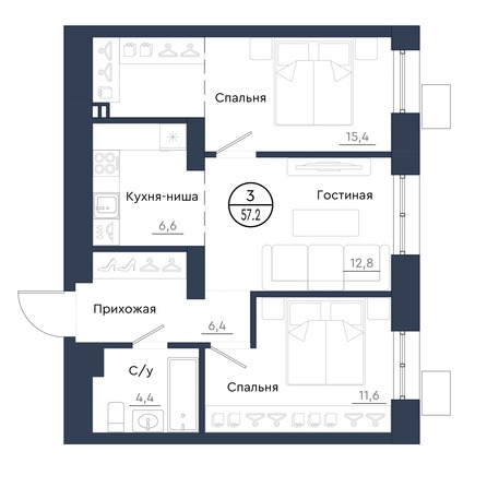 Планировка 3-комн 57,2 м²