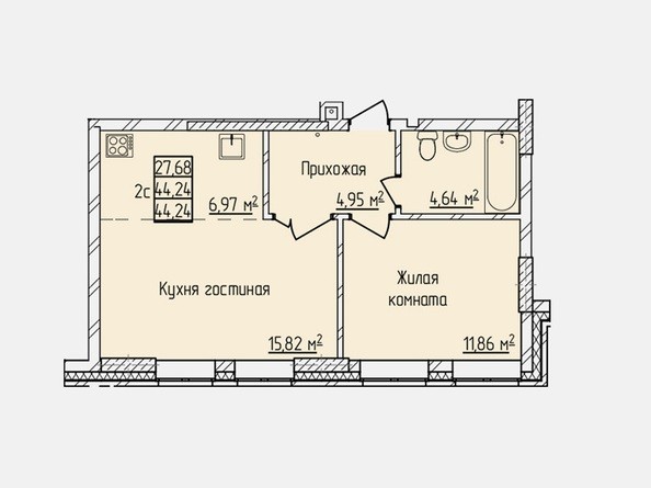 Планировка двухкомнатной квартиры 44,24 кв.м