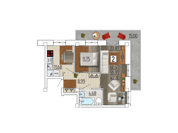 Планировка двухкомнатной квартиры 60,47 кв.м