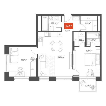 Планировка 2-комн 67,1 м²