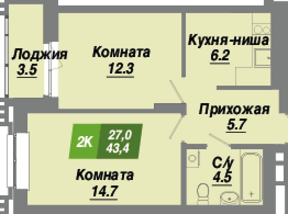 Планировка 3-комн 43,4 м²