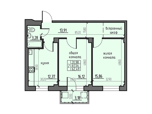 Планировка двухкомнатной квартиры 62,49 кв.м