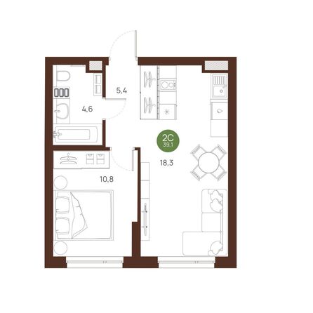 Планировка 2-комн 39,1 м²