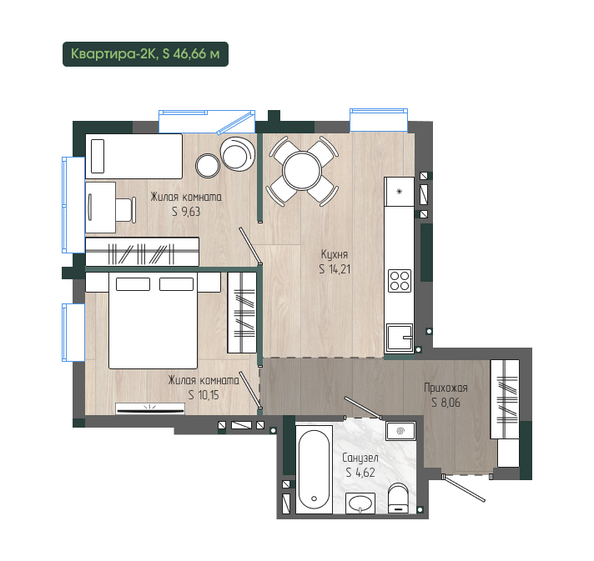 Планировка 2-комн 46,66 м²