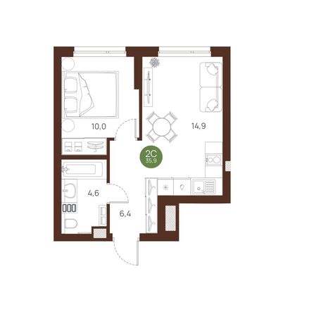 Планировка 2-комн 35,9 м²