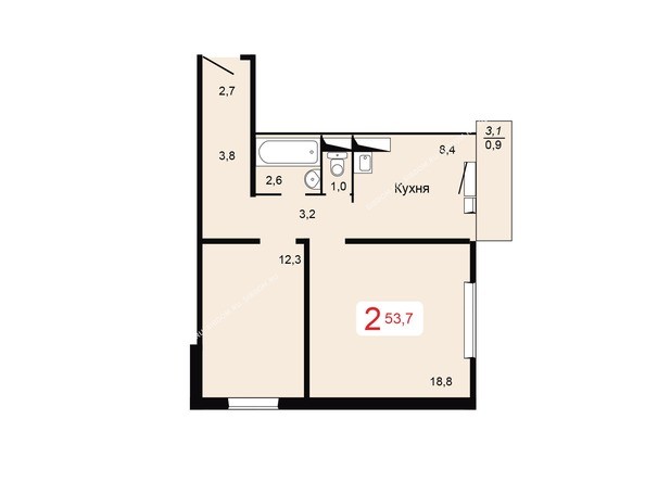 Планировка двухкомнатной квартиры 53,7 кв.м