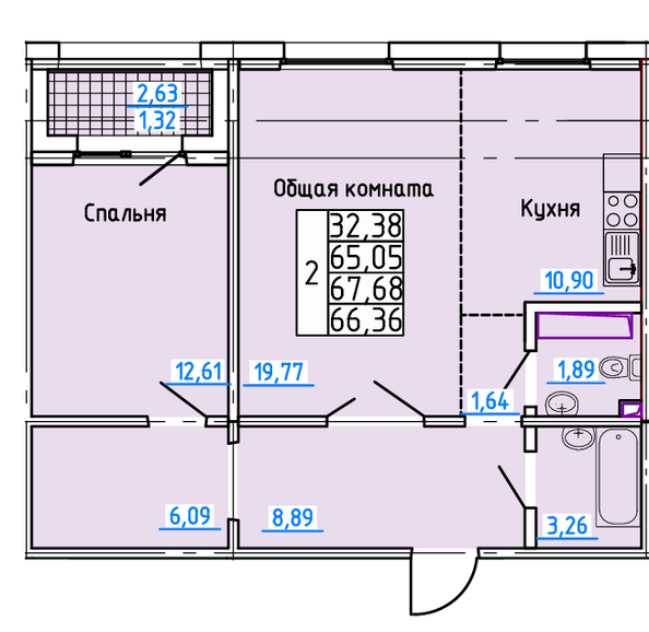 Планировка 2-комн 66,36 м²