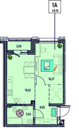 Планировка 1-комн 47,28 - 48,16 м²