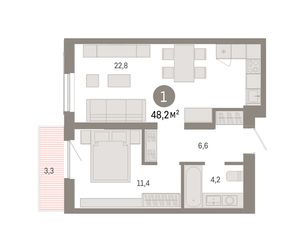 Планировка 1-комн 48,21 м²