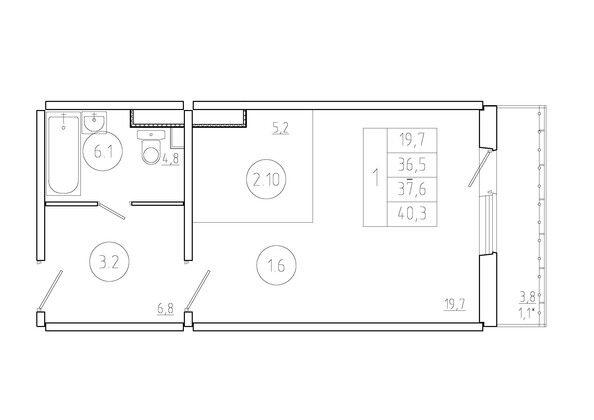 Планировка 1-комн 37,6 м²