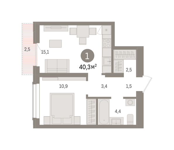 Планировка 1-комн 40,28, 40,29 м²