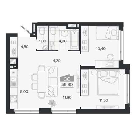 Планировка 3-комн 56,8 - 57,7 м²