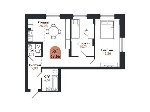 Планировка 3-комн 63,66 м²