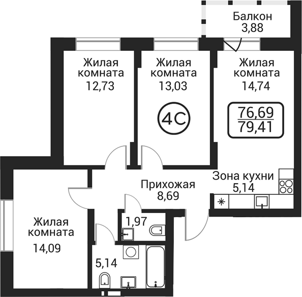Планировка 2-комн 75,53 м²