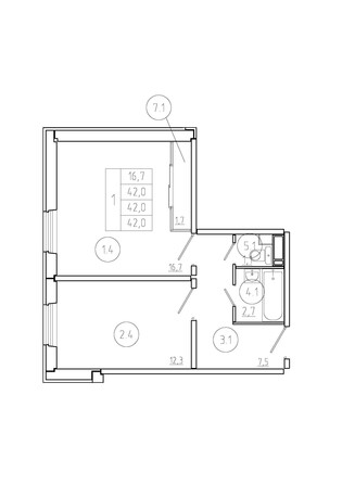 Планировка 1-комн 42 м²