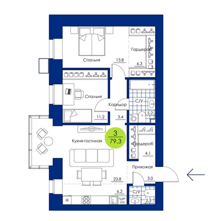 Планировка 3-комн 79,3 м²
