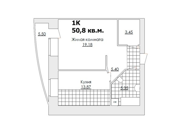 Планировка однокомнатной квартиры 50,8 кв.м
