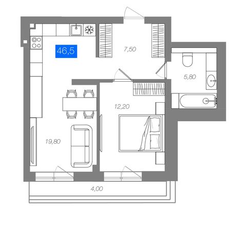 Планировка 1-комн 46,5 м²