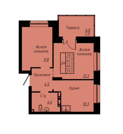 Планировка 2-комн 46,5 м²
