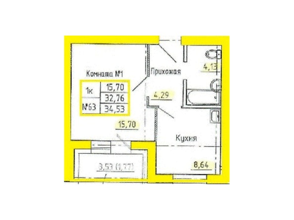 Планировка 1-комн 34,53 м²