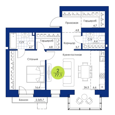 Планировка 2-комн 77,1 м²